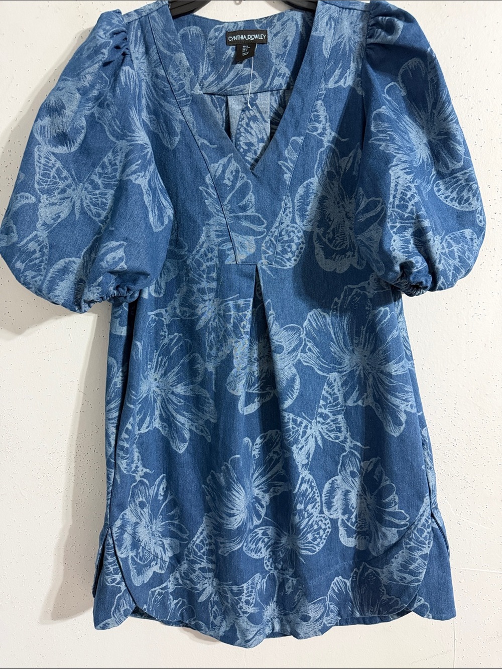 NWOT Cynthia Rowley Indigo Floral Puff-Sleeve Tunic (denim) dress